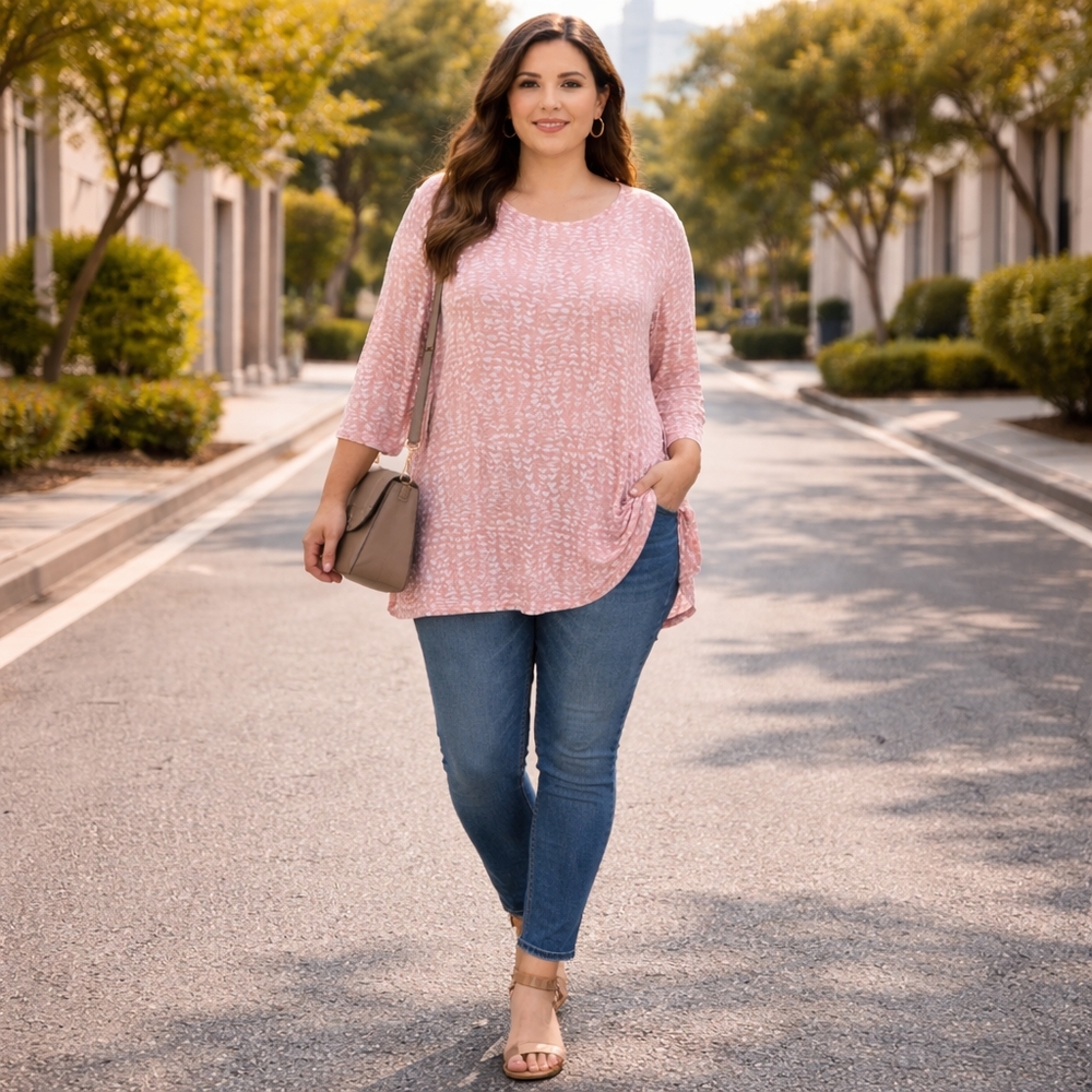 Philosophy Rayon Blend Oversized Pink White Print 3/4 Sleeve Tunic Top